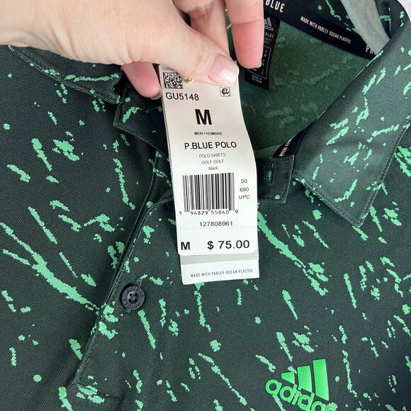 Adidas Mens M Polo Collared Shirt Sport PrimeBlue UPF 50 MSRP $75 Green Splatter - Picture 7 of 11